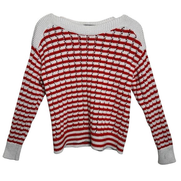 Loft Medium Stripe Open Weave Stitch Boatneck Sweater Red White Xmas Holiday Y2K - Picture 2 of 10